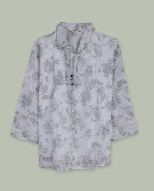 White longline floral printed shirt with collared neckline, full front button placket, long sleeves, and subtle all-over grey rose motifs.