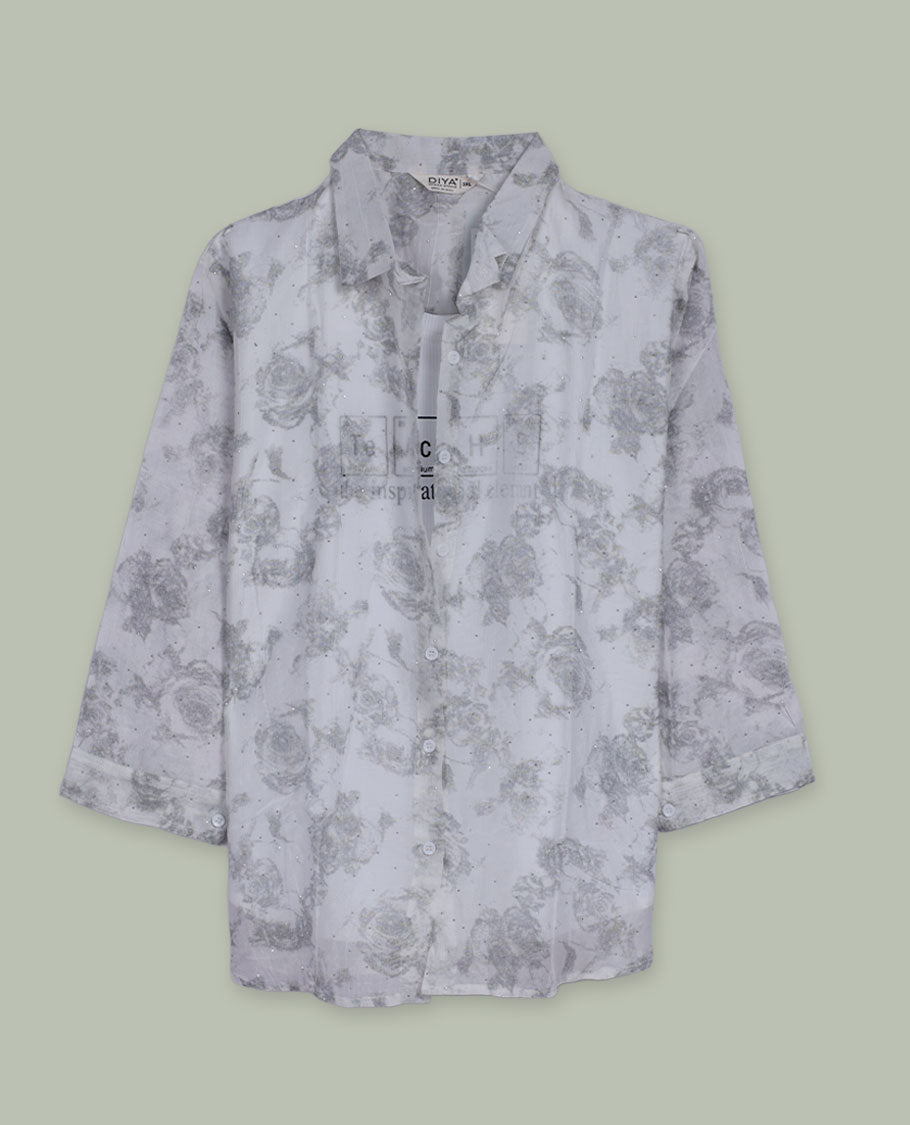 White longline floral printed shirt with collared neckline, full front button placket, long sleeves, and subtle all-over grey rose motifs.