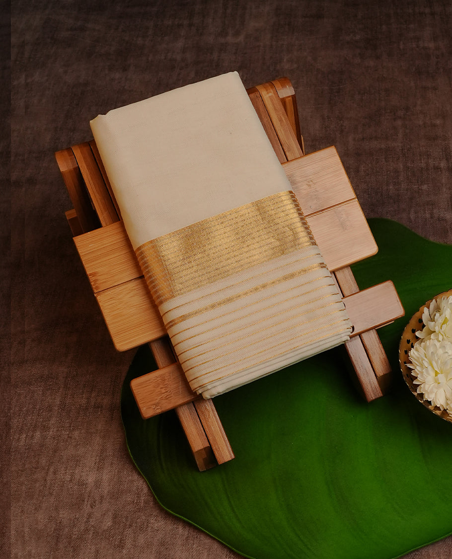 Cream colour Cotton Double dhoti featuring plain with Light Gold  kara.