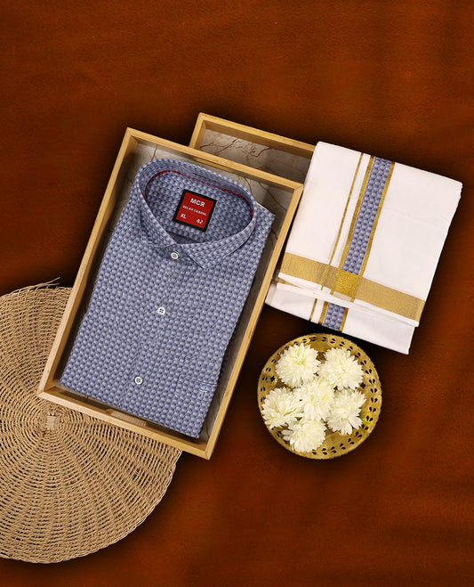 Steel blue colour MCR full sleeve shirt featuring textured self woven patterns, paired with a white dhoti accentuated by a golden zari kara and a matching steel blue patterned border.