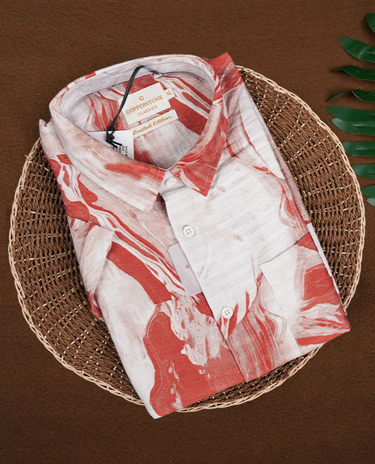 Off white colour shirt featuring a subtle brick red colour self print design, Designed with a classic collar and short sleeves, it blends effortless style with everyday comfort.