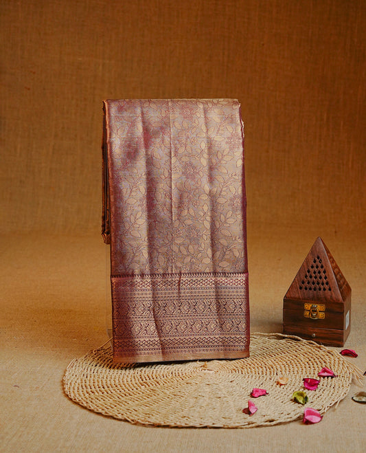 Gold & brown colour Double shade Semi tissue silk saree featuring Gold Floral kodi pattern on body, self colour with traditional border, paired with matching.