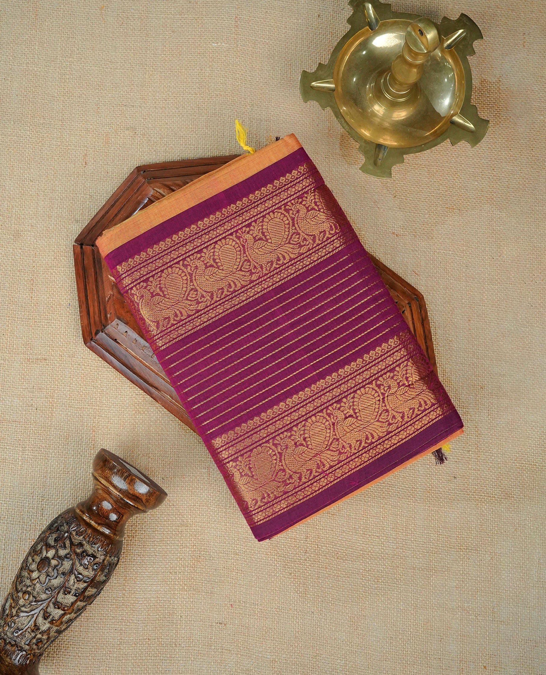 Mustard colour chettinad cotton saree Featuring Elegant plain body, complemented by contrast Maroon colour with zari border, comes with matching blouse piece.