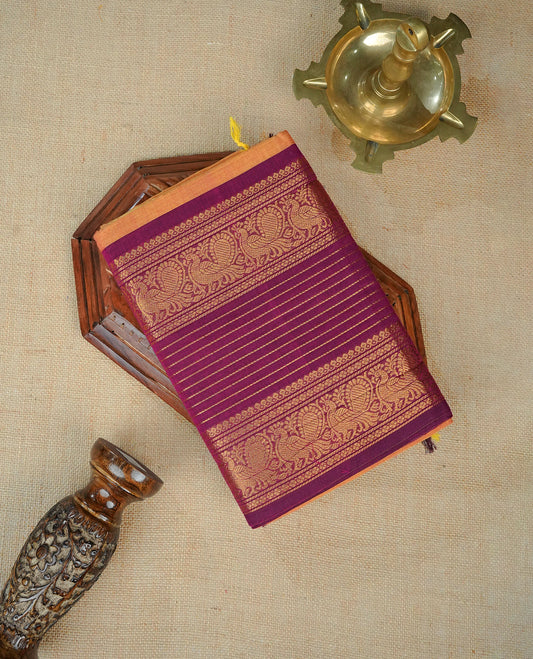 Mustard colour chettinad cotton saree Featuring Elegant plain body, complemented by contrast Maroon colour with zari border, comes with matching blouse piece.