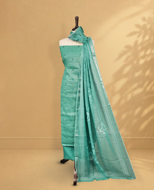 Green Colour Salwar material Featuring Embroidery work on body, paired with Matching Bottom and same Patterned Dupatta.