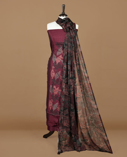 Dark red colour churidar material featuring thread & sequins Worked pattern on body, comes with matching bottom and dupatta.