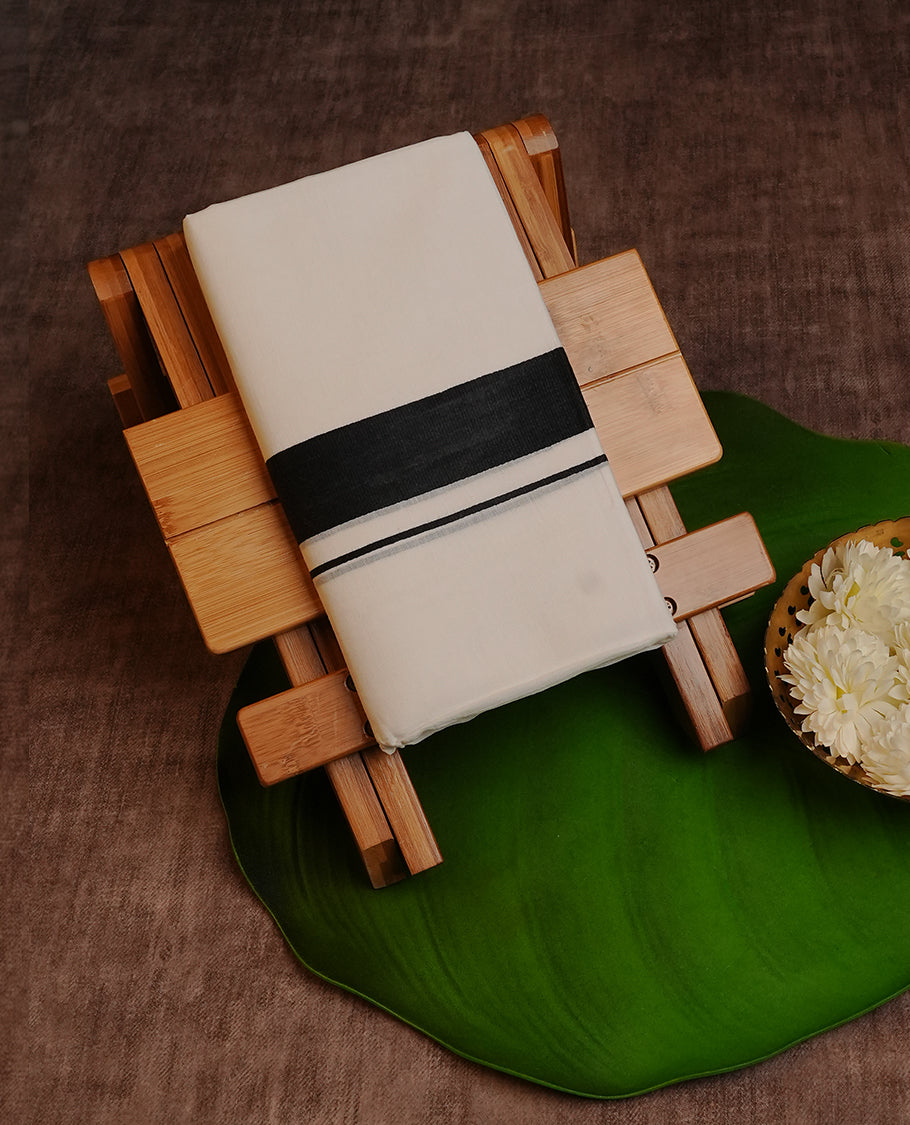 White Colour Cotton Double Dhoti Finished With A Classic Body Black Kara