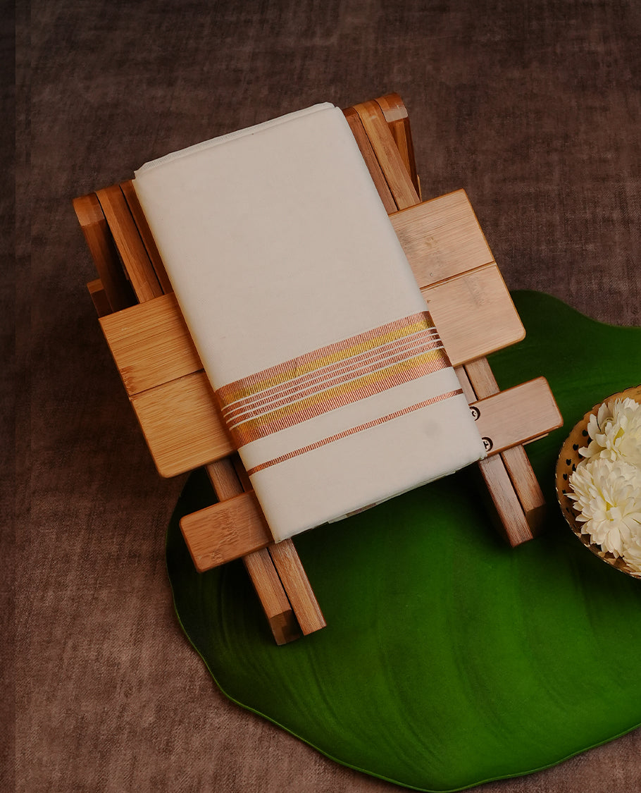 White colour Cotton Double dhoti featuring plain Body with Copper & Yellow Striped kara.