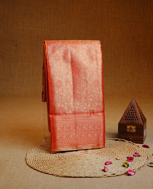 Red & Gold colour Double shade Semi tissue silk saree featuring self color kodi pattern on body, self colour with traditional border, paired with matching.