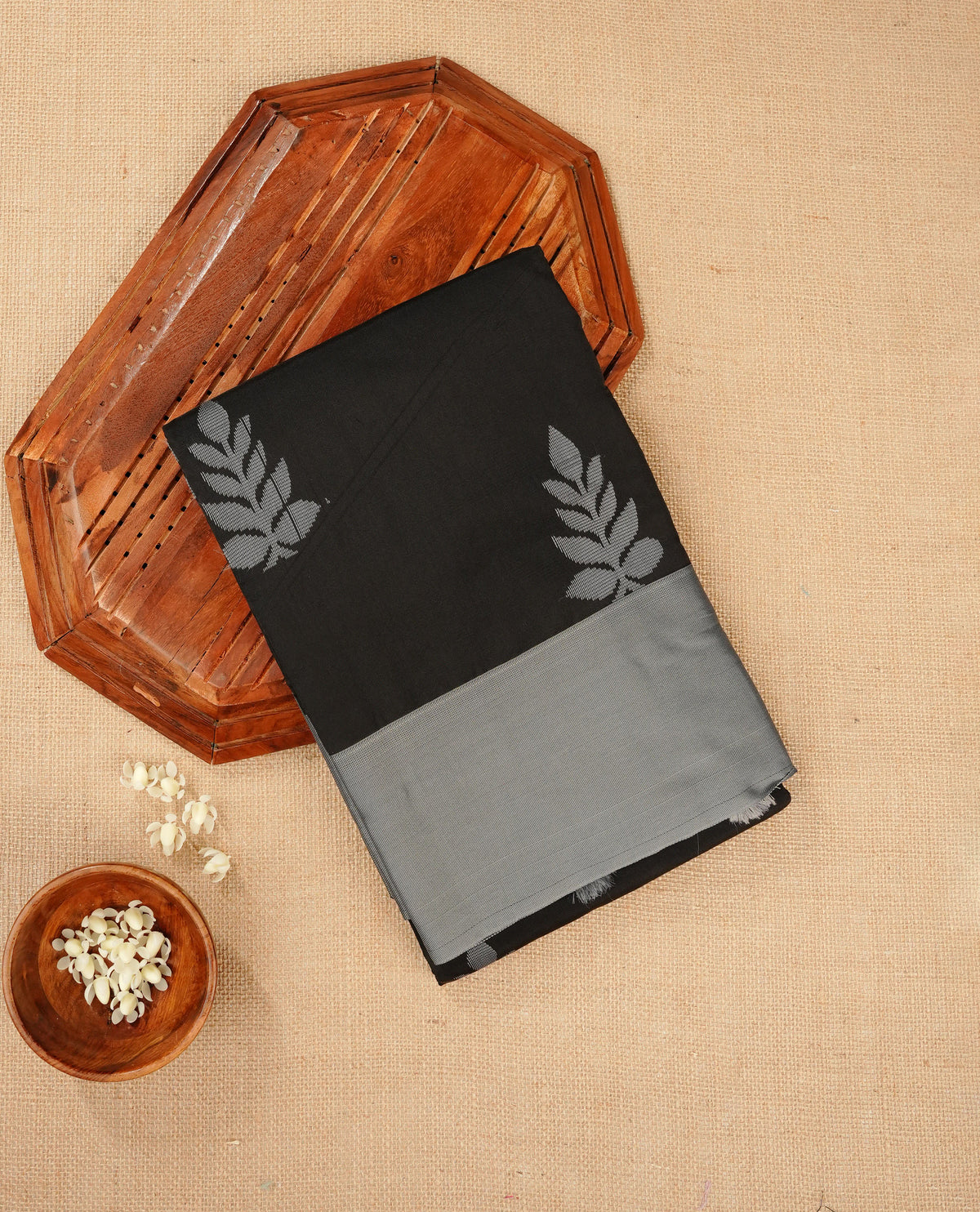 Black colour silk cotton saree featuring ash colour thread motifs on body thread detiled contrast borders & pallu,comes with matching blouse piece