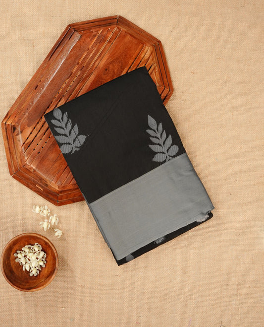 Black colour silk cotton saree featuring ash colour thread motifs on body thread detiled contrast borders & pallu,comes with matching blouse piece