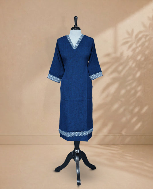 Peacock Blue Kurti featuring digital prints on the bottom, a V-shaped neckline adorned with digital print detailing, and 3/4 sleeves with a matching design.