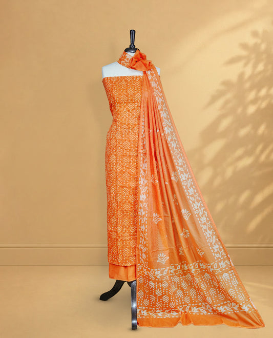 Orange Colour Salwar Material Featuring Hakoba Pattern on body, paired with matching bottom & Elegant Dupatta For All go occasion Wear.
