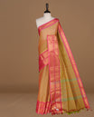 Olive colour Chettinad cotton saree featuring Elegant plain body, complemented by contrast Maroon colour with gold zari border, paired with matching blouse piece.