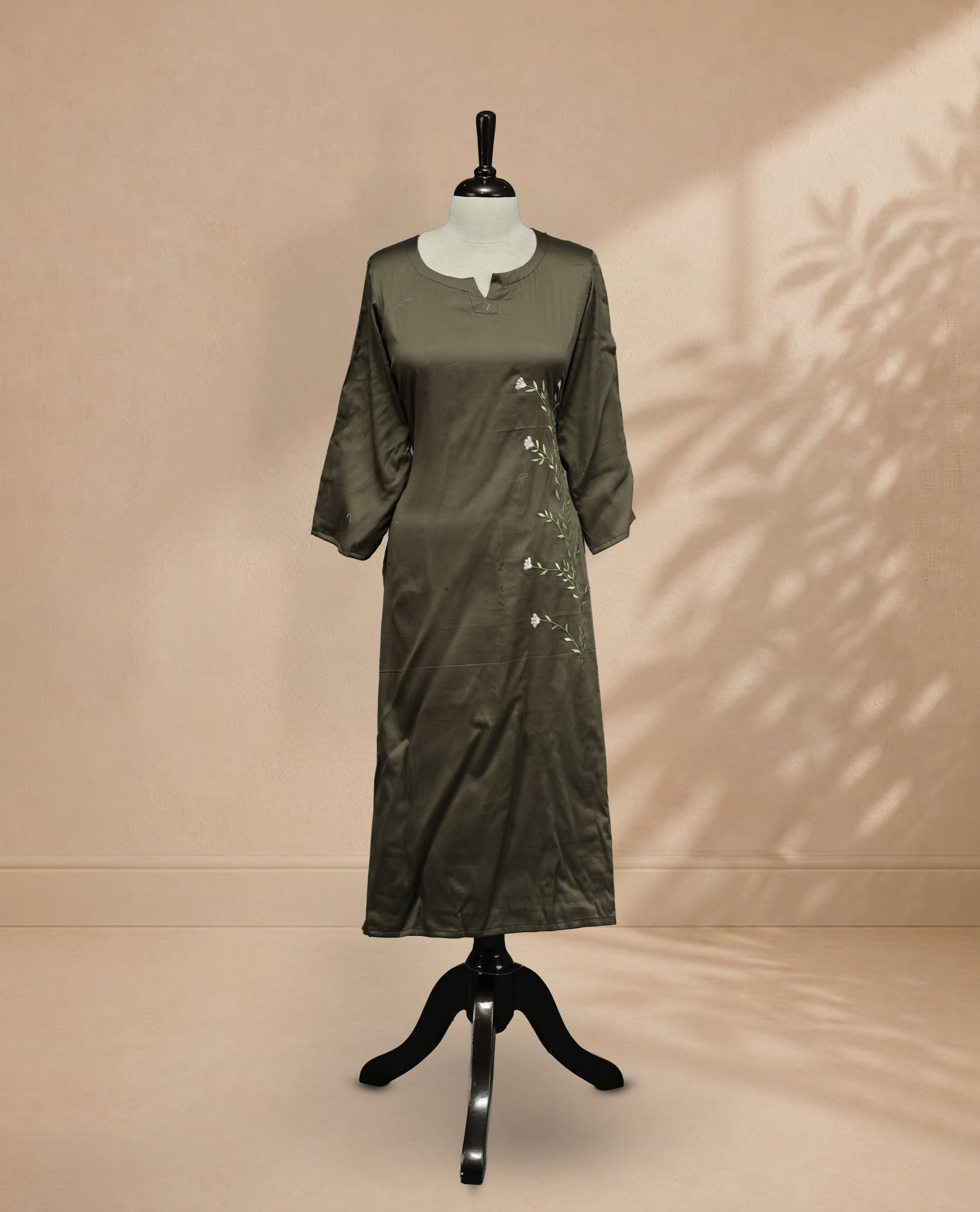 Dark Sage Colour Kurti Featuring U-Shaped Neckline, delicate  floral vine embroidery Work On Body & Sleeve