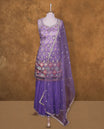 violet colour sharara set adorned with intricate light gold embroidery and sequins work & The fitted embellished top pairs beautifully with the flared bottoms and matching dupatta.