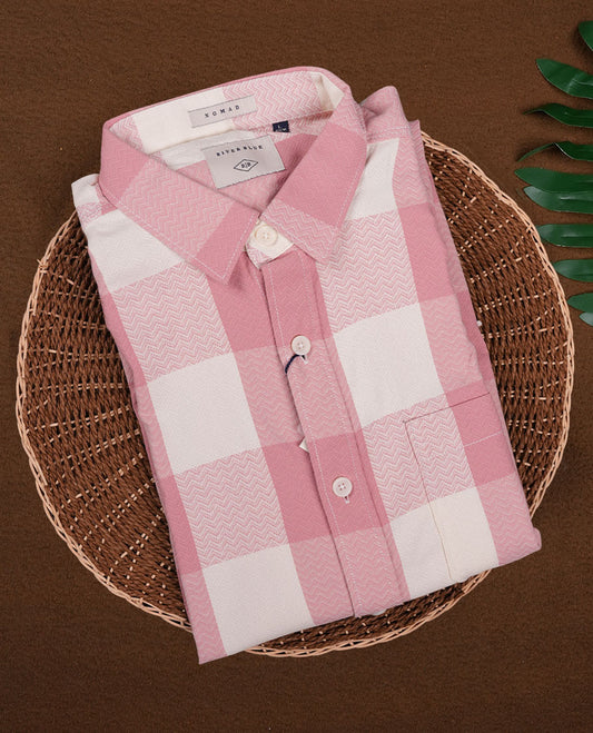 Light pink and white checked shirt crafted in soft fabric, featuring a classic collar and full sleeves, A perfect blend of charm and comfort, ideal for both casual outings and semi-formal occasions.