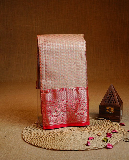 Light Orange & gold colour Double shade Semi tissue silk saree featuring self color Geometric pattern on body, Contrast Orange colour with traditional border, paired with matching.