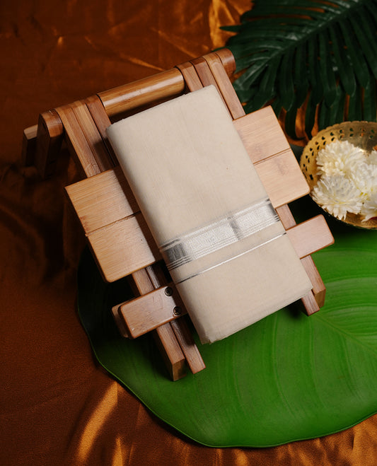 Cream colour cotton double dhoti featuring silver stripe kasavu zari border