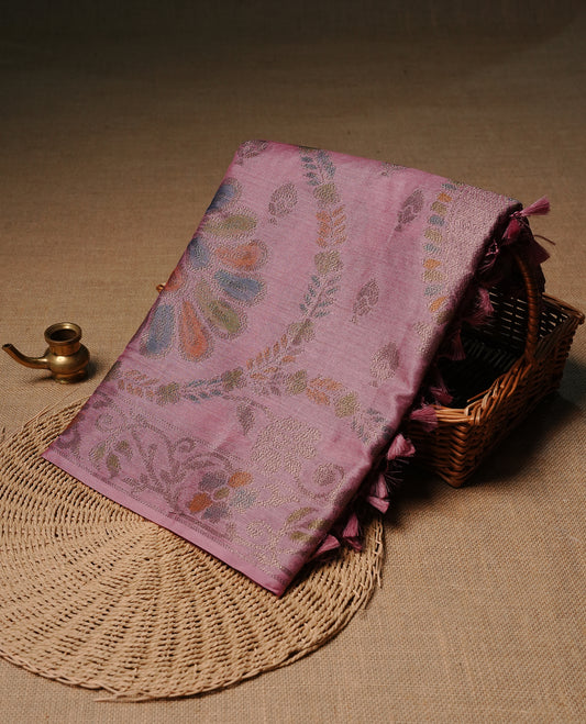 Pink colour pure tussar silk saree featuring elegant antique zari kodi patterns across the body, designed with a graceful borderless finish for a refined look. Paired with a matching blouse piece.