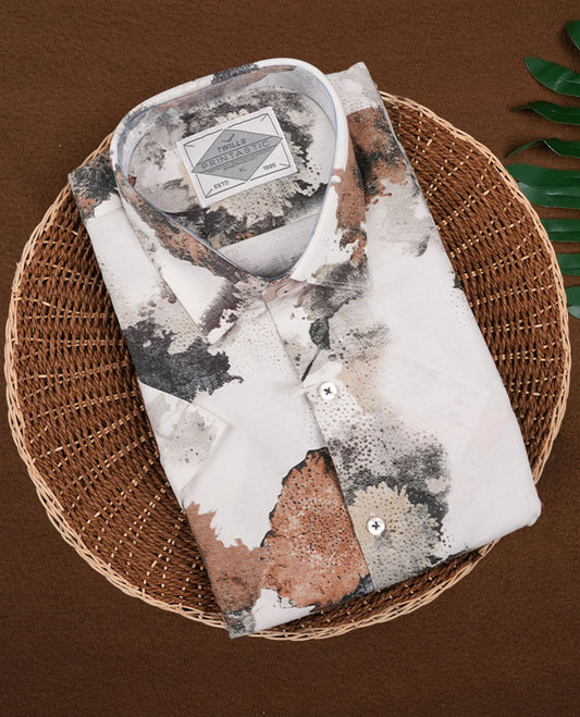 White colour short sleeve shirt features a rounded spread collar and a watercolor style floral print in brown, black, and blue & its ideal for both casual days and laid back evenings.