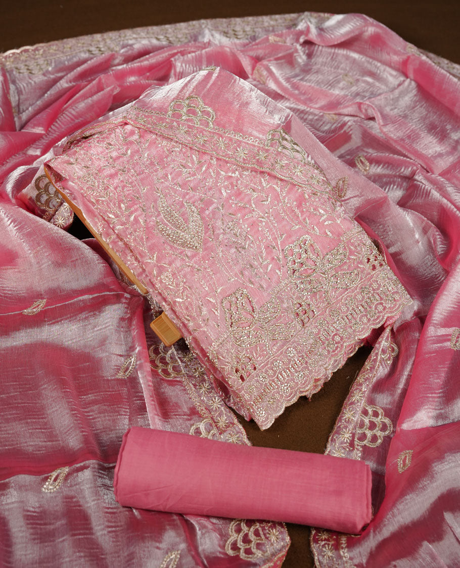 Pink colour churidar set with stone and thread embroidery and detailing, paired with matching pant and dupatta.