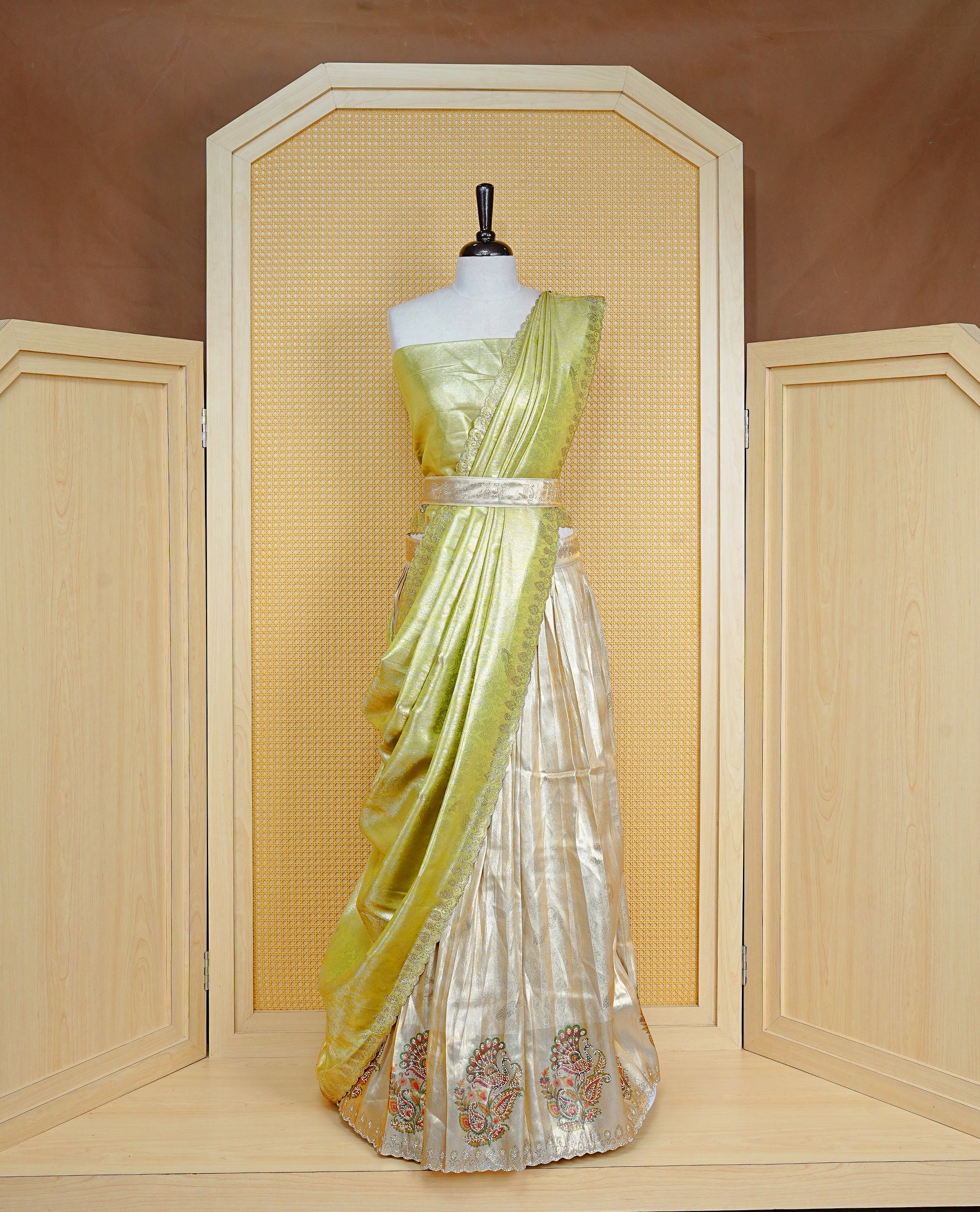 Light gold & Light Green Semi Stitched Dhavani Set Light Gold Skirt With Peacock Pattern With Stone Worked Border, Paired with Unstitched Blouse, Elegant Dupatta For Prefect look.