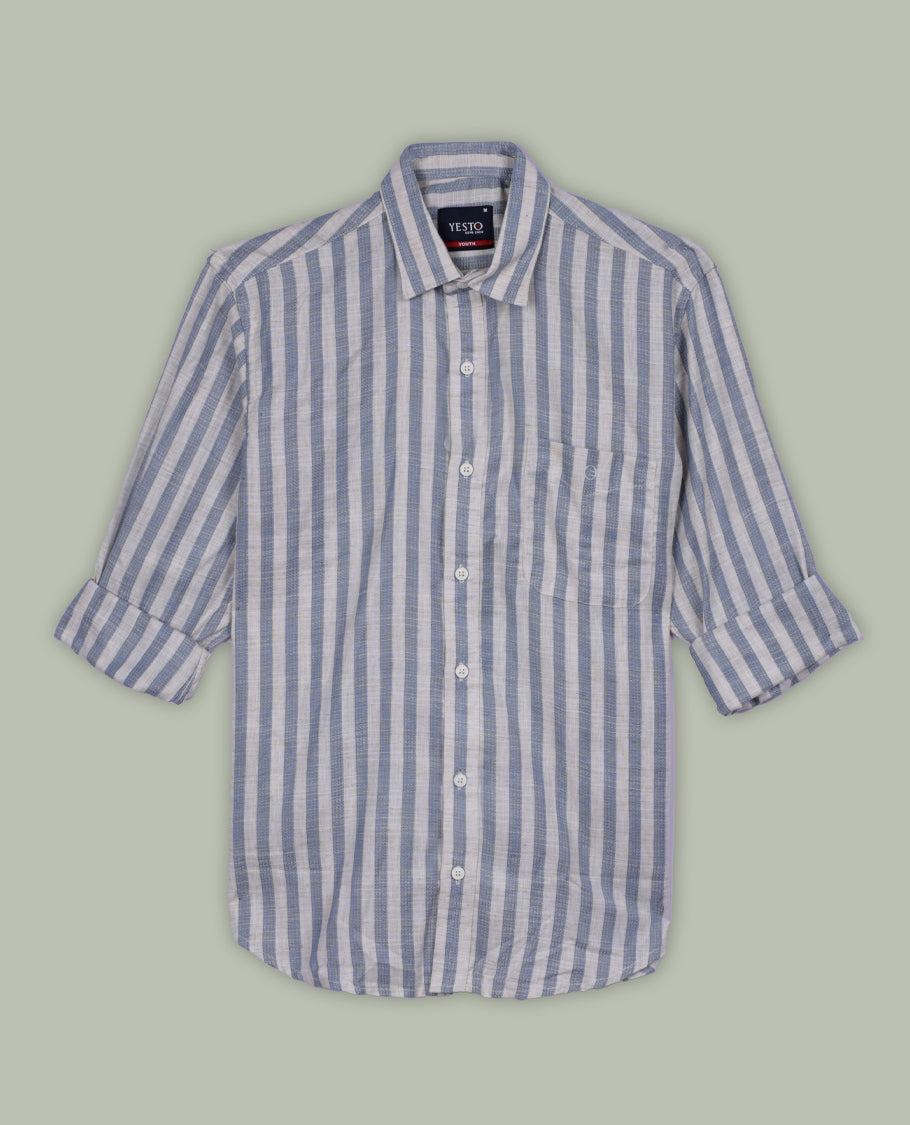 Beige and pastel blue colour striped shirt in soft cotton, featuring vertical lines for a sleek, timeless look, Designed with a classic collar and full sleeves, it blends effortless style with everyday comfort.