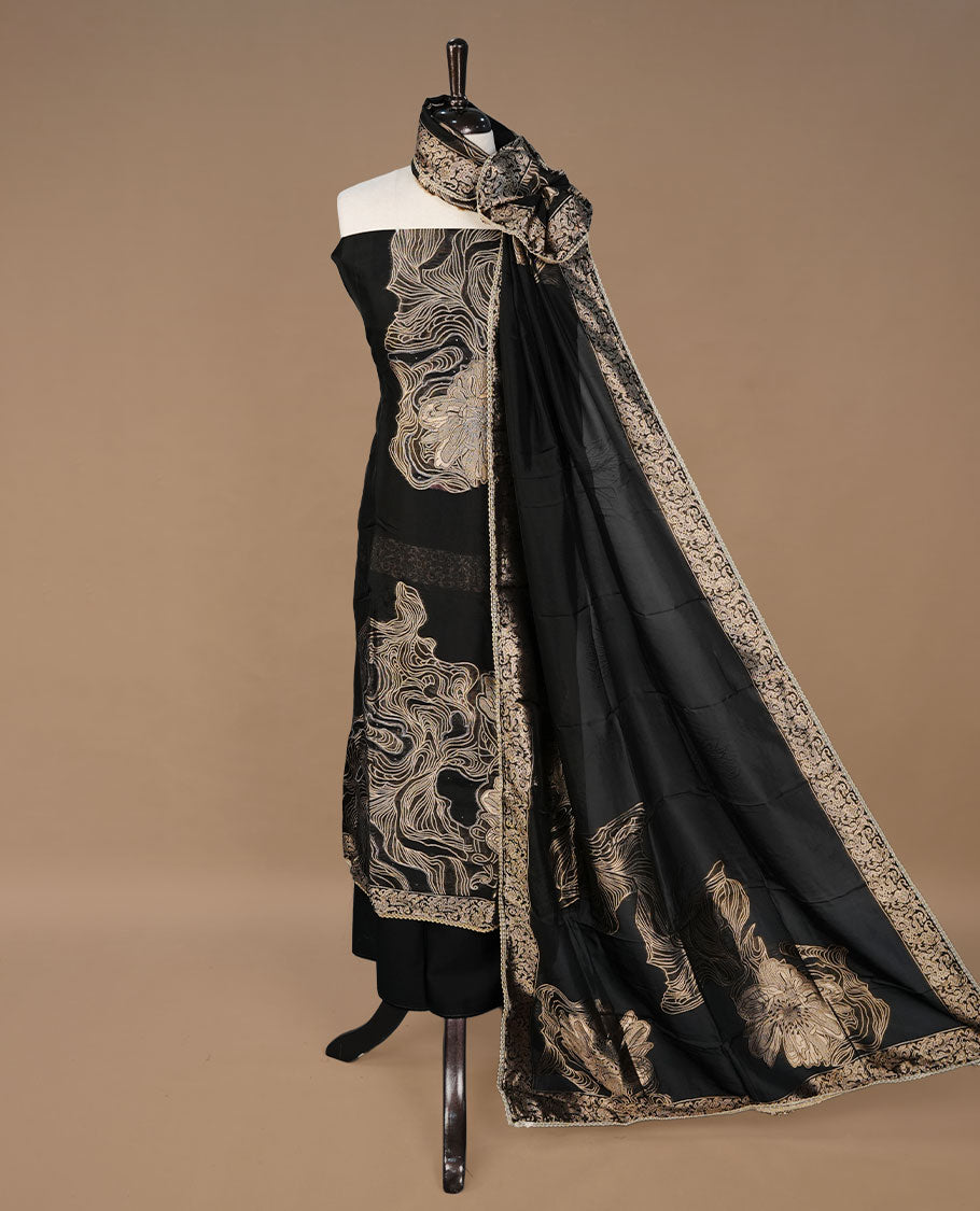 black colour churidhar material featuring gold thread pattern on body, paired with matching bottom and Dupatta.