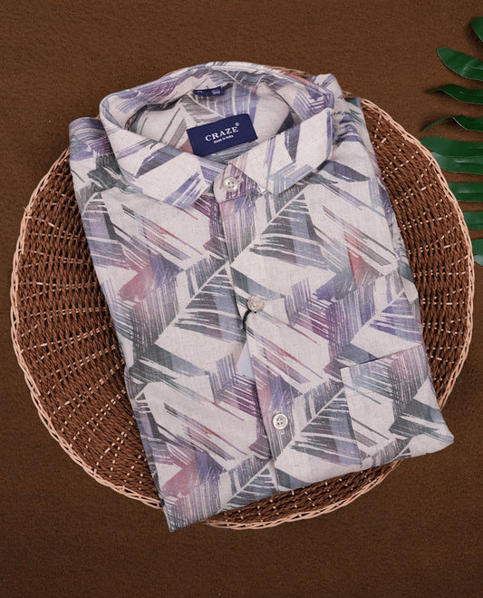 Off white colour shirt with multicolour geometric prints, featuring short sleeves and a classic collar, A stylish and lightweight pick, perfect for casual outings and summer wear.