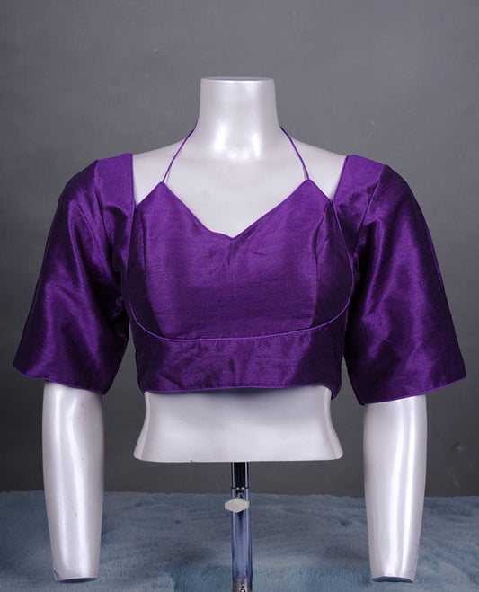 Purple colour colour silk padded readymade blouse with elbow-length sleeves, a V-neck front, and a deep U-back with tie-up dori.