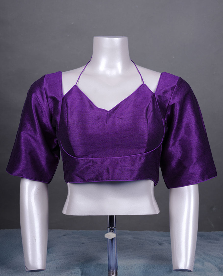 Purple colour colour silk padded readymade blouse with elbow-length sleeves, a V-neck front, and a deep U-back with tie-up dori.