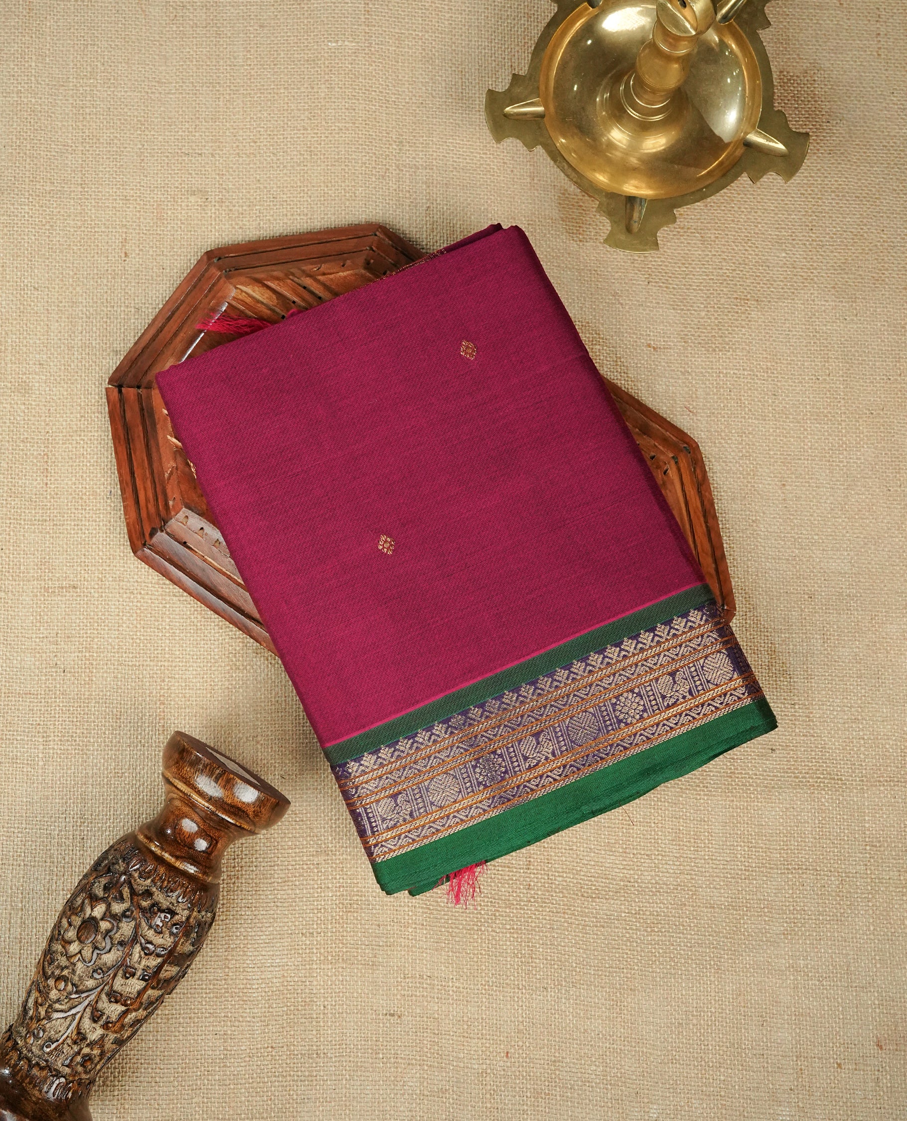 Magenta Colour Chettinad Cotton Saree Featuring Gold Zari Motifs on the Body, Complemented by a Green & Violet Colour with Peacock Gold Zari Border and a Contrast Gold Zari Pallu, Paired with a Matching Blouse Piece