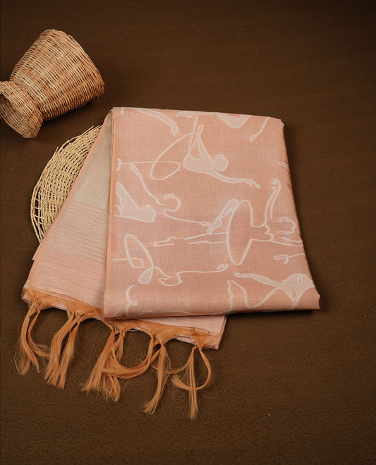 Sandal colour semi tussar silk saree, featuring an intricate white dancing women motif on the body and pallu with gold zari , comes with matching blouse.