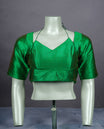Bright Green colour silk padded readymade blouse with elbow-length sleeves, a V-neck front, and a deep U-back with tie-up dori.