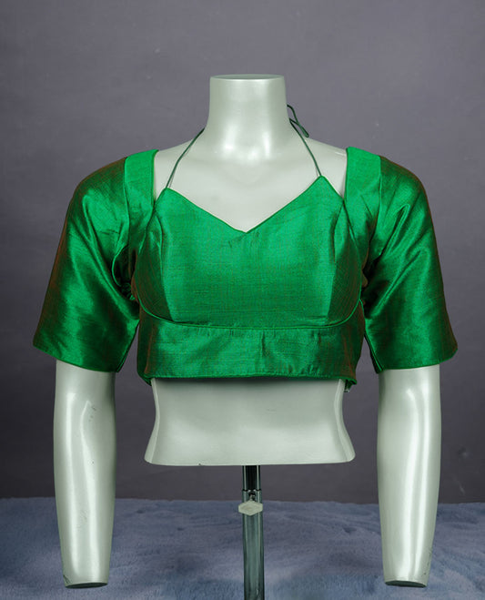 Bright Green colour silk padded readymade blouse with elbow-length sleeves, a V-neck front, and a deep U-back with tie-up dori.