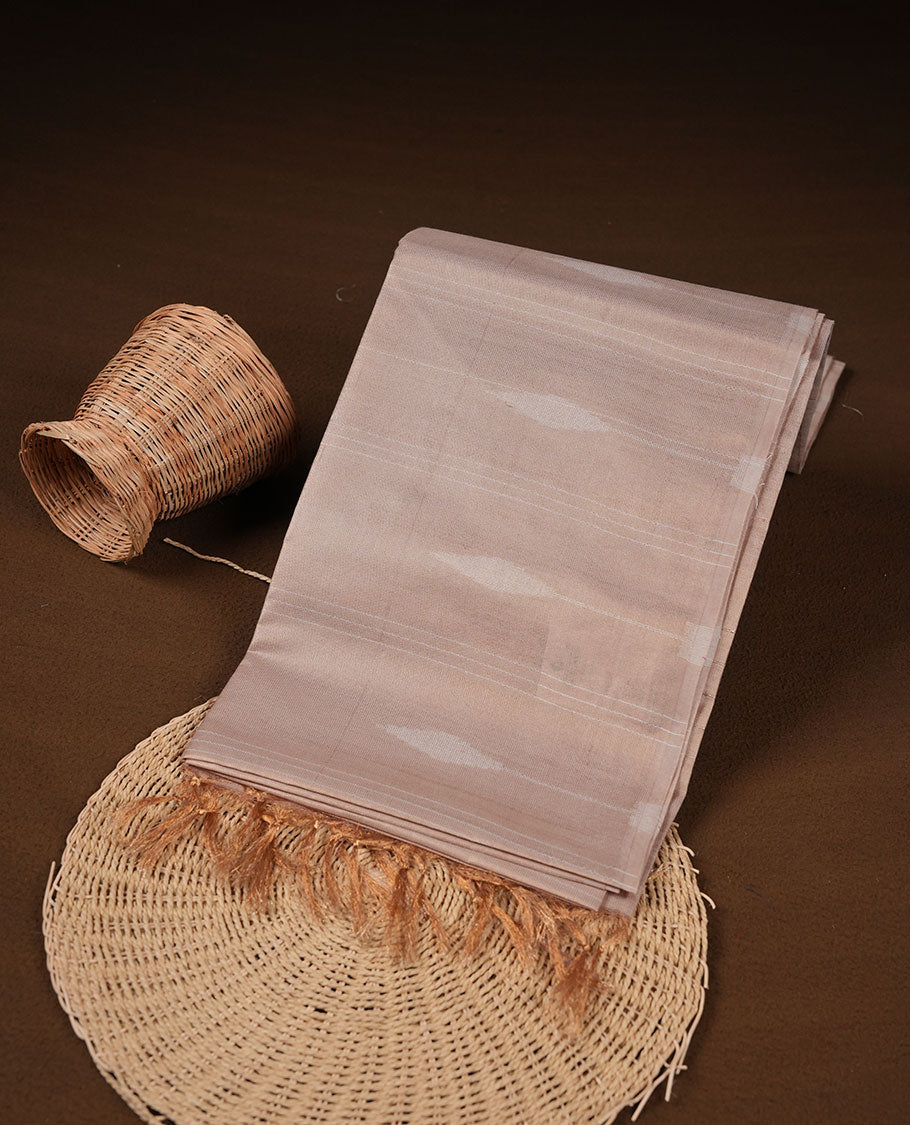 Light lavender colour semi jute saree highlighting gold zari stripped body with white motifs, without border and paired with matching blouse.