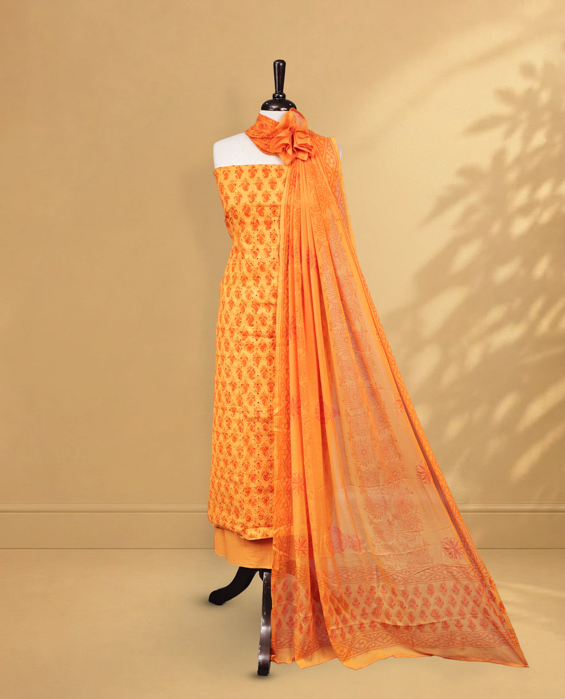 Orange Colour Salwar Material Featuring Thread & Hokoda, Mango print Work On Body, paired with matching bottom & Dupatta.