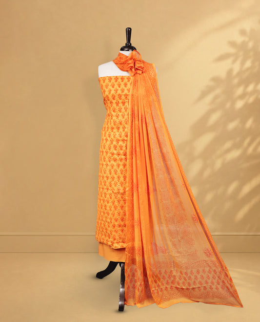 Orange Colour Salwar Material Featuring Thread & Hokoda, Mango print Work On Body, paired with matching bottom & Dupatta.
