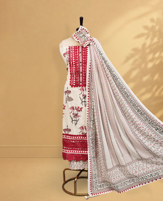 Cream colour Salwar Material Featuring Elegant Lace, Floral Printed body, paired with matching bottom Piece And Matching dupatta.