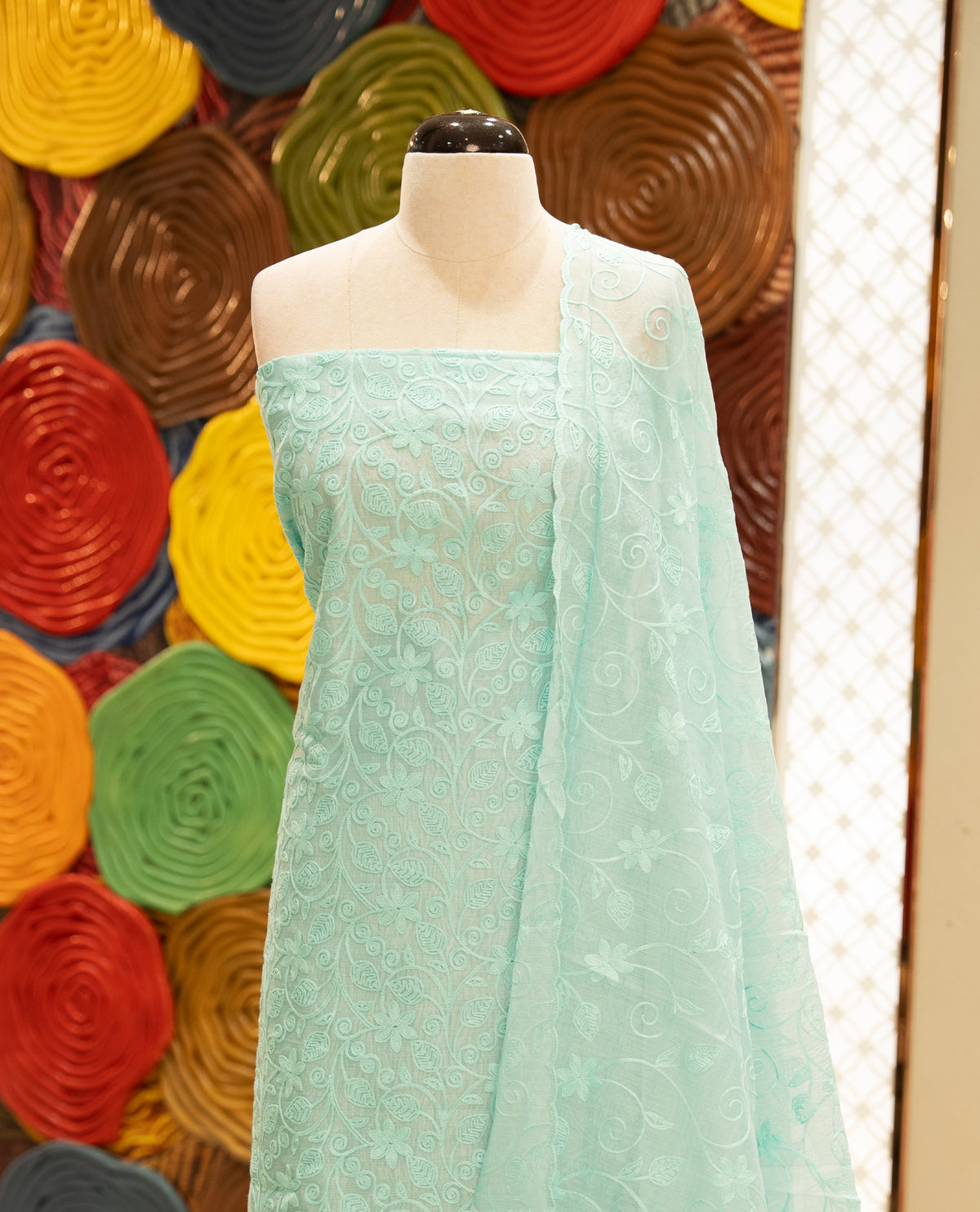 Blue colour Mul chanderi Salwar material featuring Floral Paisley Inspired Chikankari work on body, associate with same material dupatta with Scallop border & santoon bottom, comes with lining.