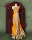 Mustard yellow colour Semi Tussar Silk saree with vibrant digital floral printed body and elegant Kandha work border & Paired with a matching blouse.
