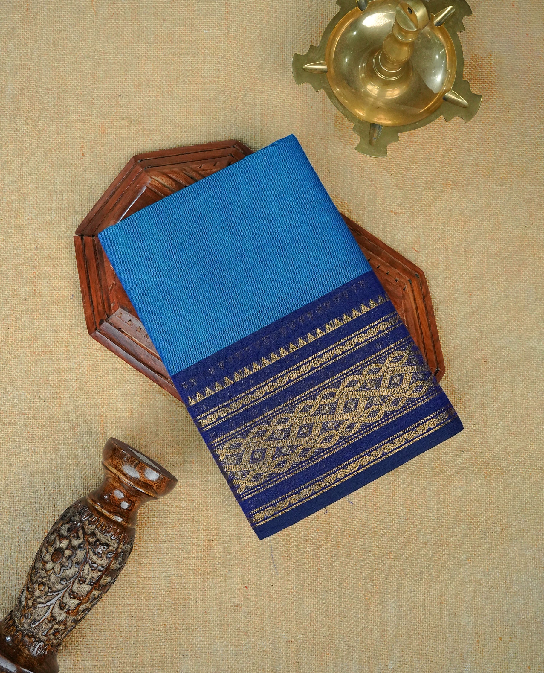 Blue Colour Chettinad Cotton Saree Featuring a Plain Body, Complemented by a Dark blue Colour Border with Gold Zari and  Pallu, Paired with a Matching Blouse Piece.