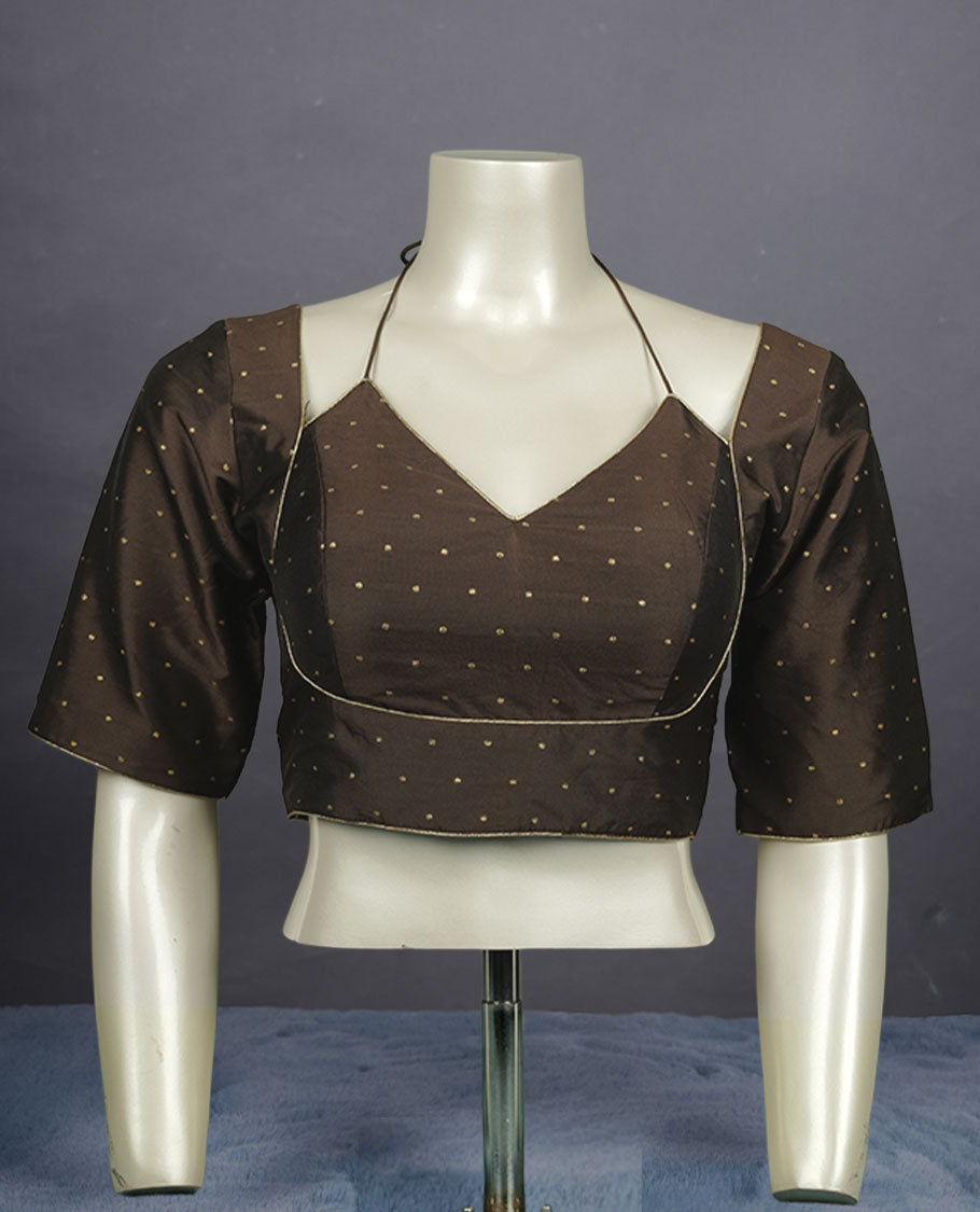 Taupe brown colour padded blouse with gold polka dots, V neckline, elbow sleeves, and deep tie-up back.