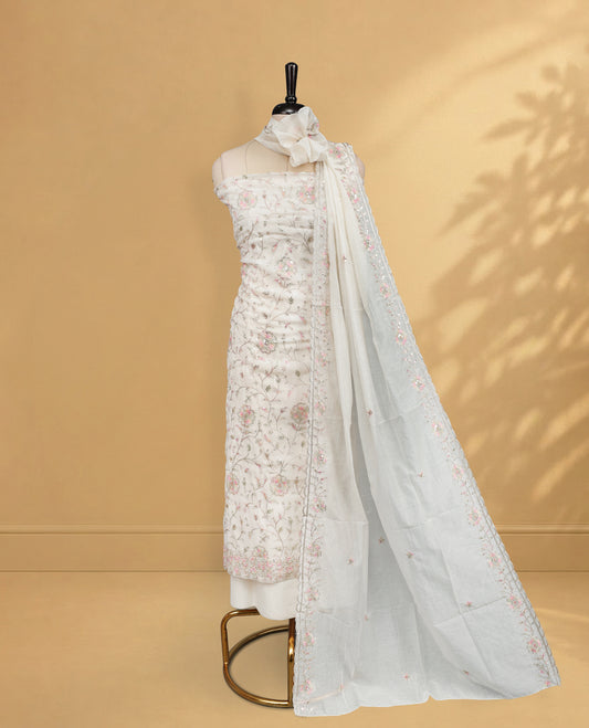 Cream colour Salwar Material Featuring Thread & Cut Beats worked body, paired with matching Bottom piece & dupatta.