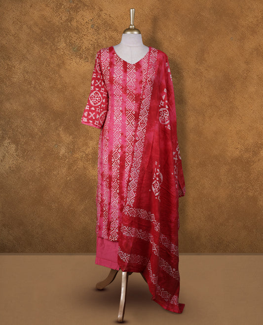 Pink colour churidar set featuring V neckline, sleeves, and White printed pattern on body , Paired with a matching dupatta