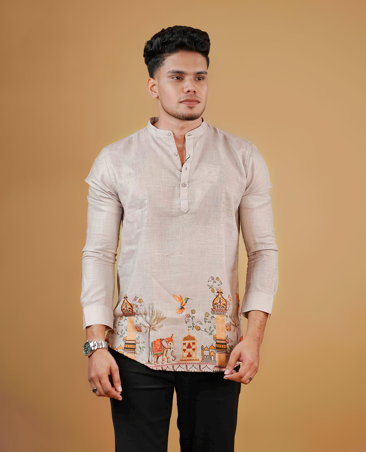 Beige colour men's kurta featuring elegant Print on the Border, complemented by full sleeves for a refined and festive look.