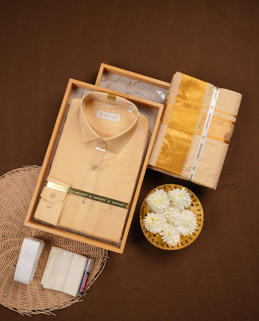 Medium Gold colour MINISTER WHITE shirt paired with a matching dhoti, finishing with a Gold border