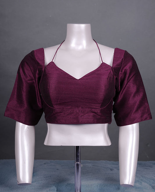 Wine colour colour silk padded readymade blouse with elbow-length sleeves, a V-neck front, and a deep U-back with tie-up dori.