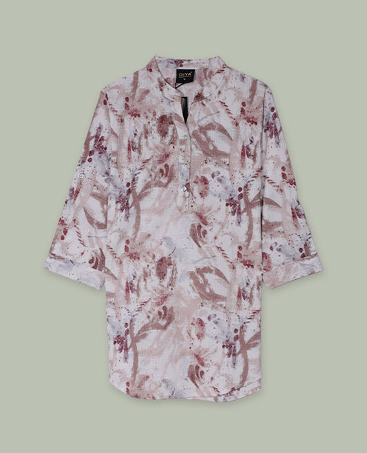 Blush and beige abstract printed tunic top with band collar, half button placket, three-quarter sleeves, and curved hem.